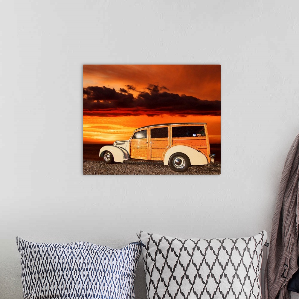 A bohemian room featuring Digital art painting of a tan Woody style car with a beautiful background sky.