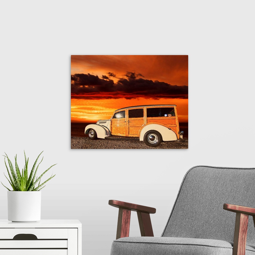 A modern room featuring Digital art painting of a tan Woody style car with a beautiful background sky.