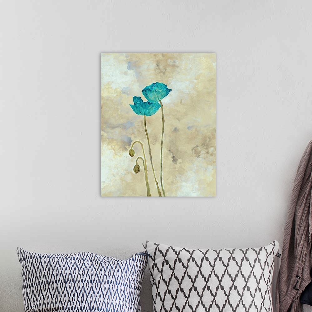 A bohemian room featuring Fine art painting of teal and turquoise flowers.