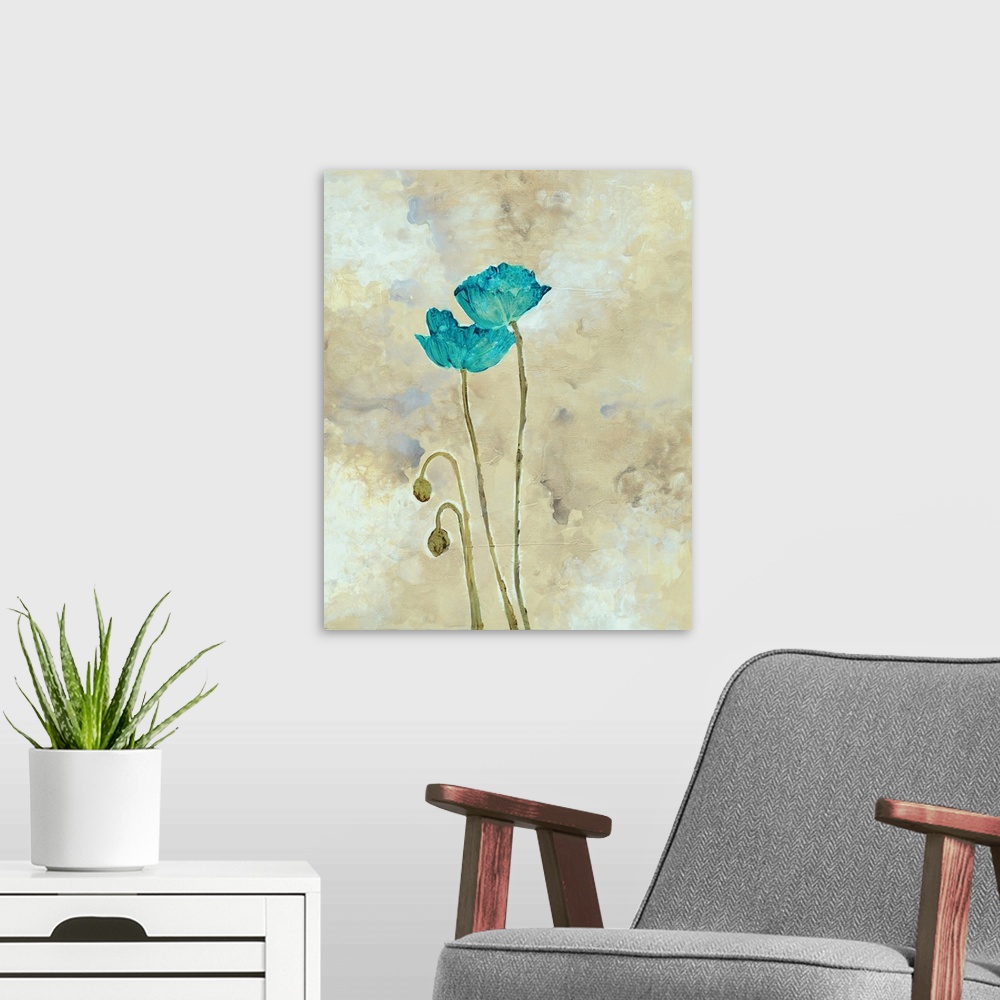 A modern room featuring Fine art painting of teal and turquoise flowers.