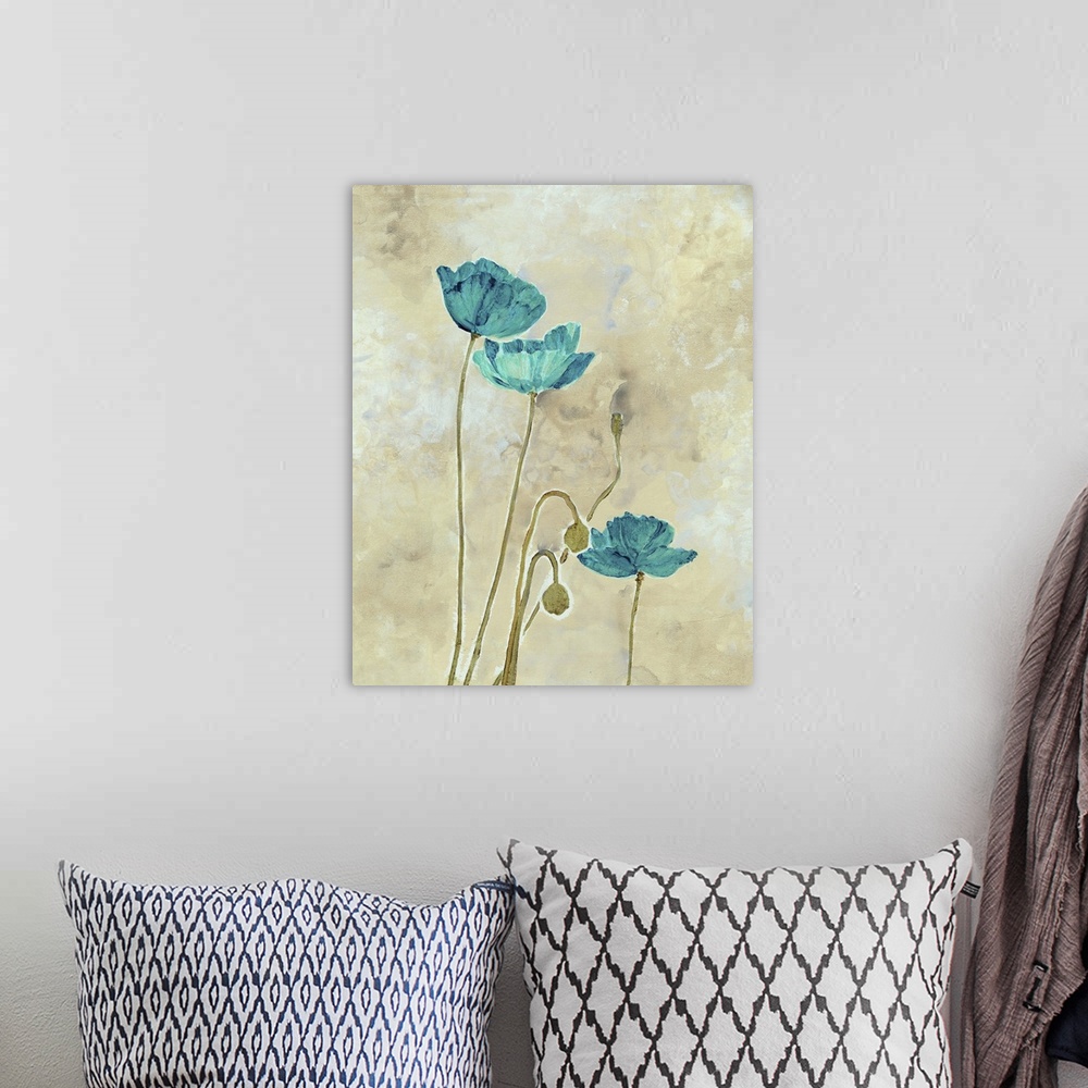 A bohemian room featuring Contemporary artwork of teal and turquoise flowers.