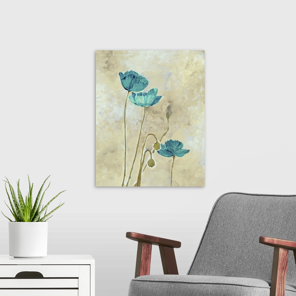A modern room featuring Contemporary artwork of teal and turquoise flowers.