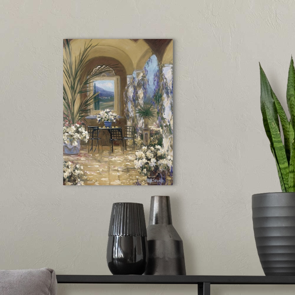 A modern room featuring Fine art oil painting landscape of an Italian courtyard terrace with flowering plants and a table...
