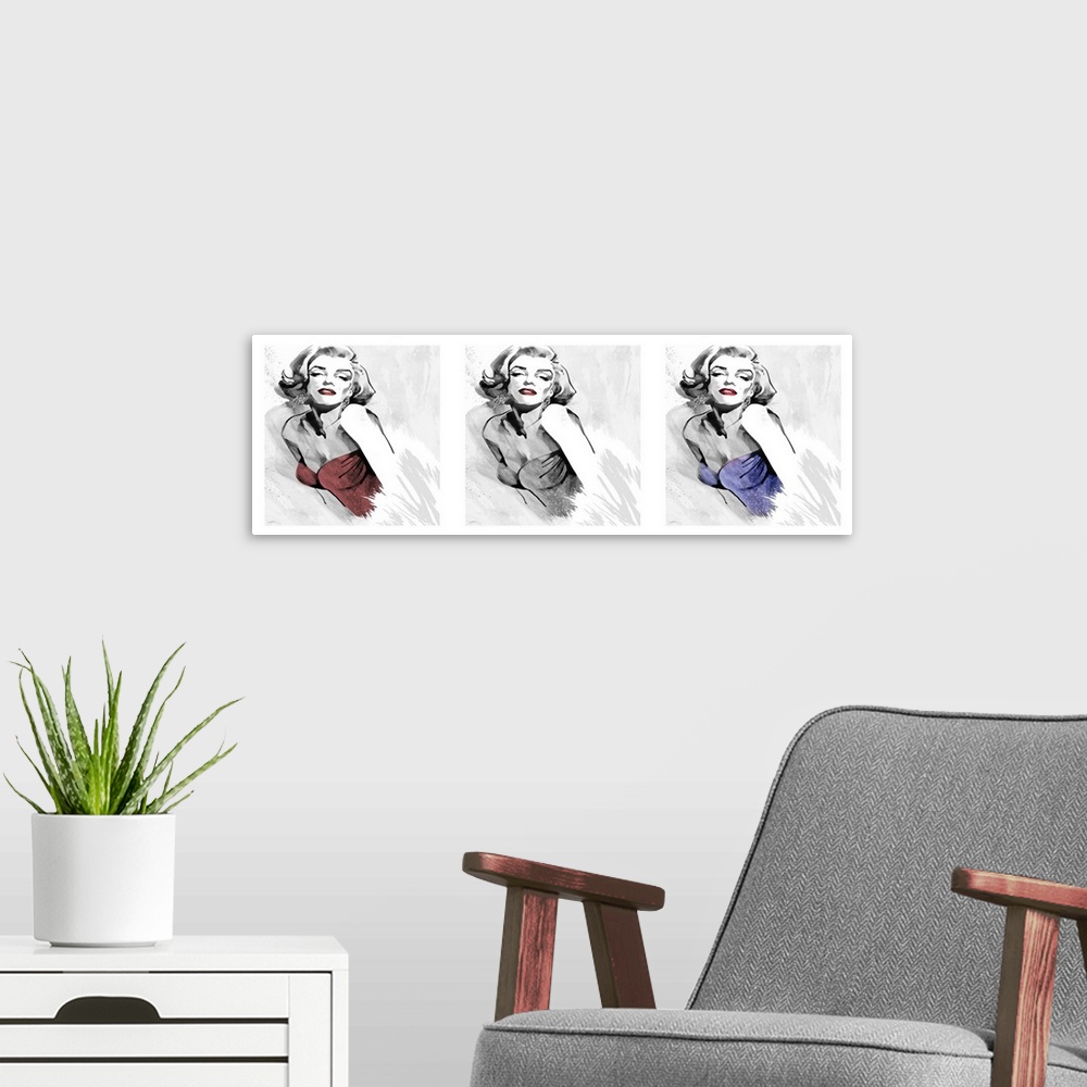 A modern room featuring Marilyn Monroe's fashion pose in black and white with red lips and a retro 1980's strapless dress...