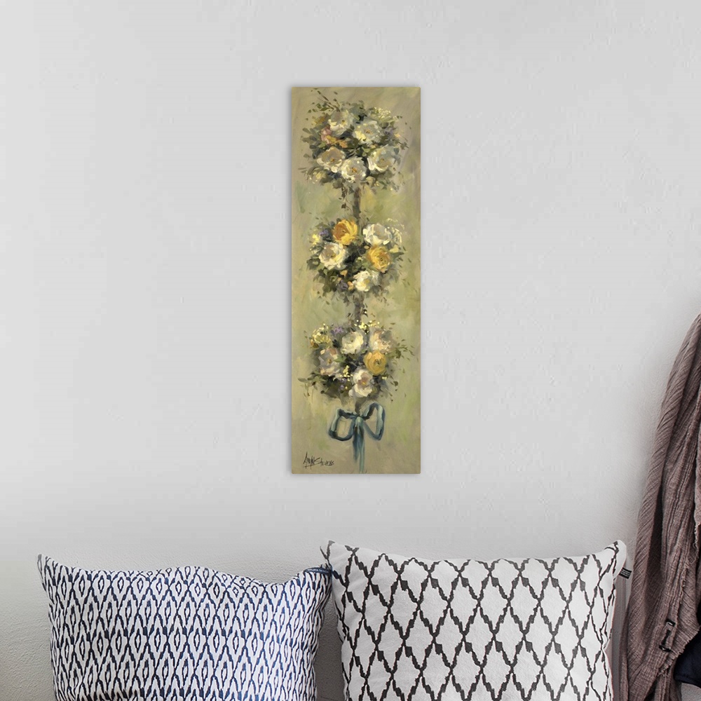 A bohemian room featuring Fine art oil painting still life of a lovely topiary of yellow and white roses tied with a teal r...