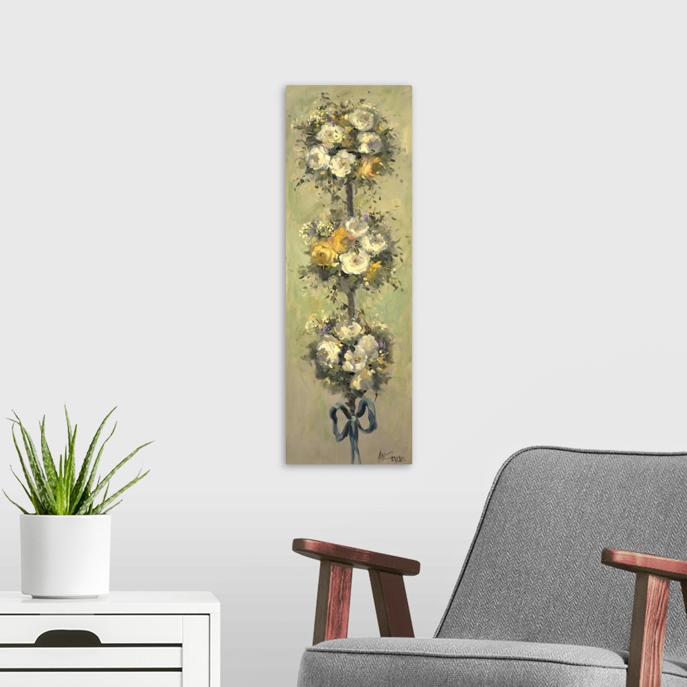 A modern room featuring Fine art oil painting still life of a lovely topiary of yellow and white roses tied with a teal r...