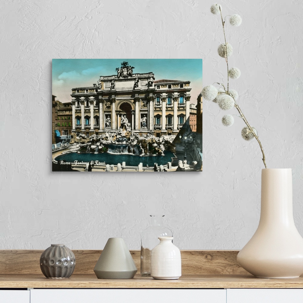 A farmhouse room featuring Vintage postcard of the Trevi Fountain in Rome, Italy.