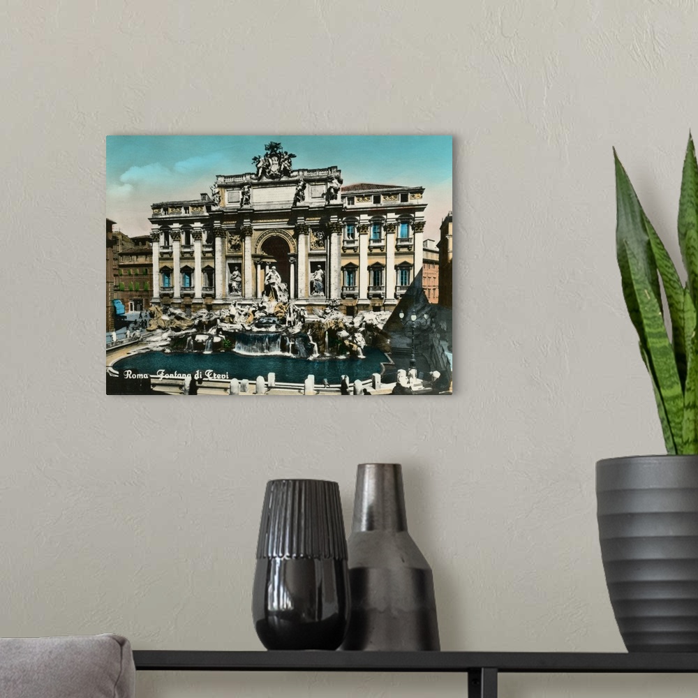 A modern room featuring Vintage postcard of the Trevi Fountain in Rome, Italy.