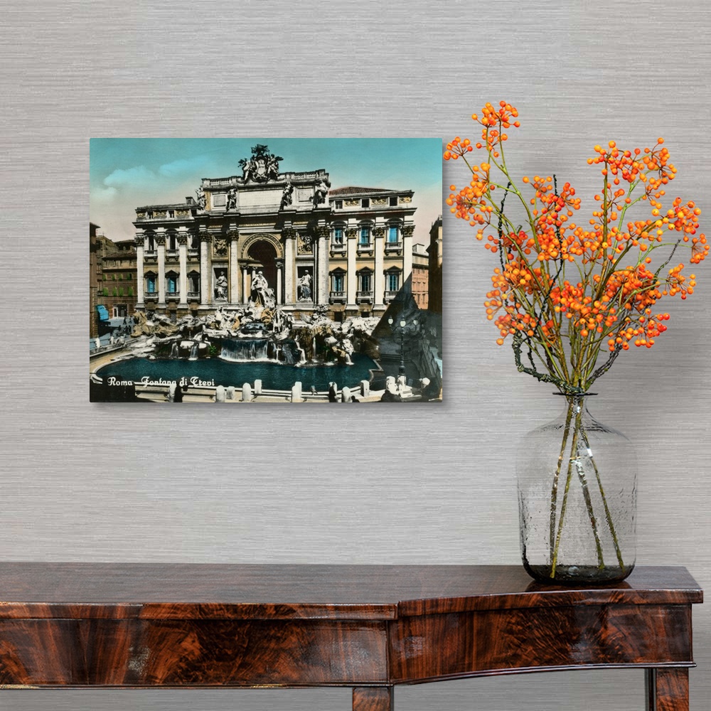 A traditional room featuring Vintage postcard of the Trevi Fountain in Rome, Italy.