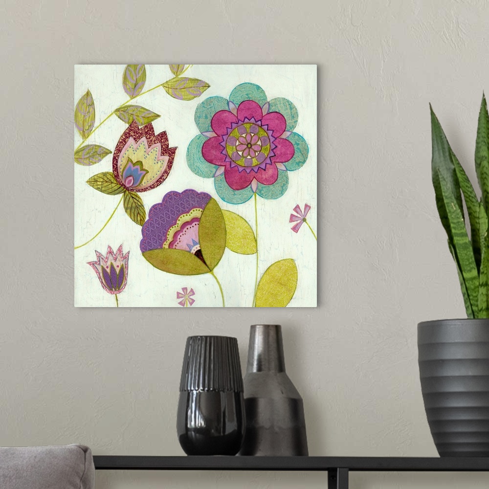A modern room featuring Contemporary decor of geometric blossoms, blooms, buds and leaves against a neutral background.