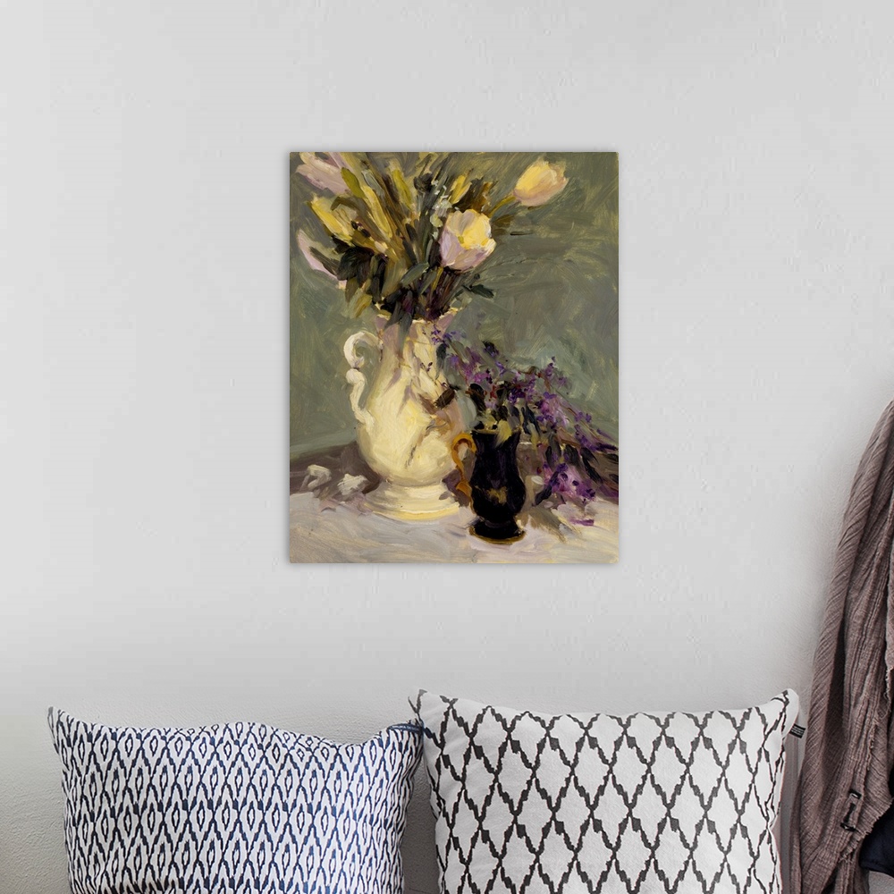 A bohemian room featuring Fine art oil painting still life of tulips and lavender flowers in a white porcelain pitcher on a...
