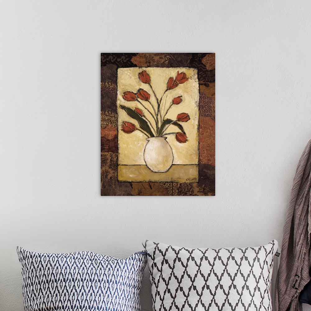 A bohemian room featuring Contemporary painting of a bouquet of red tulips over a light background surrounded by a patterne...