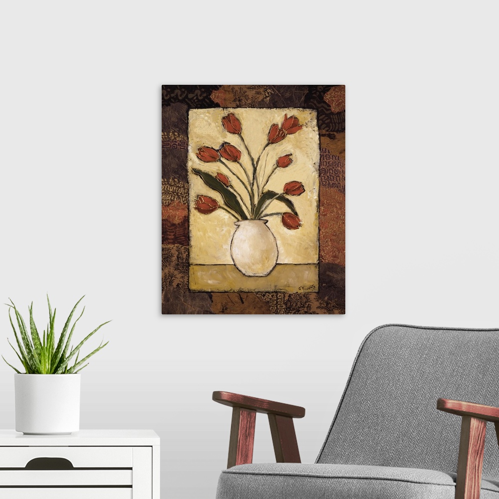 A modern room featuring Contemporary painting of a bouquet of red tulips over a light background surrounded by a patterne...