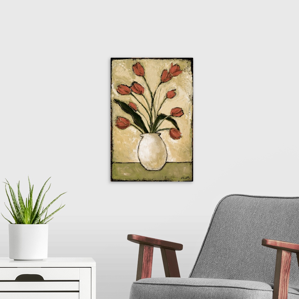 A modern room featuring Contemporary painting of a bouquet of red tulips over a light background.