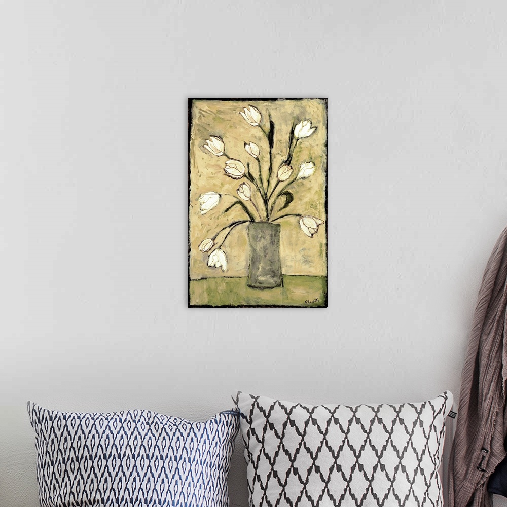 A bohemian room featuring Contemporary painting of a bouquet of white tulips over a light background.