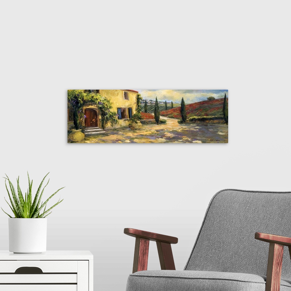 A modern room featuring Fine art oil painting landscape of a Tuscan farmhouse with hills of red rising in the background ...
