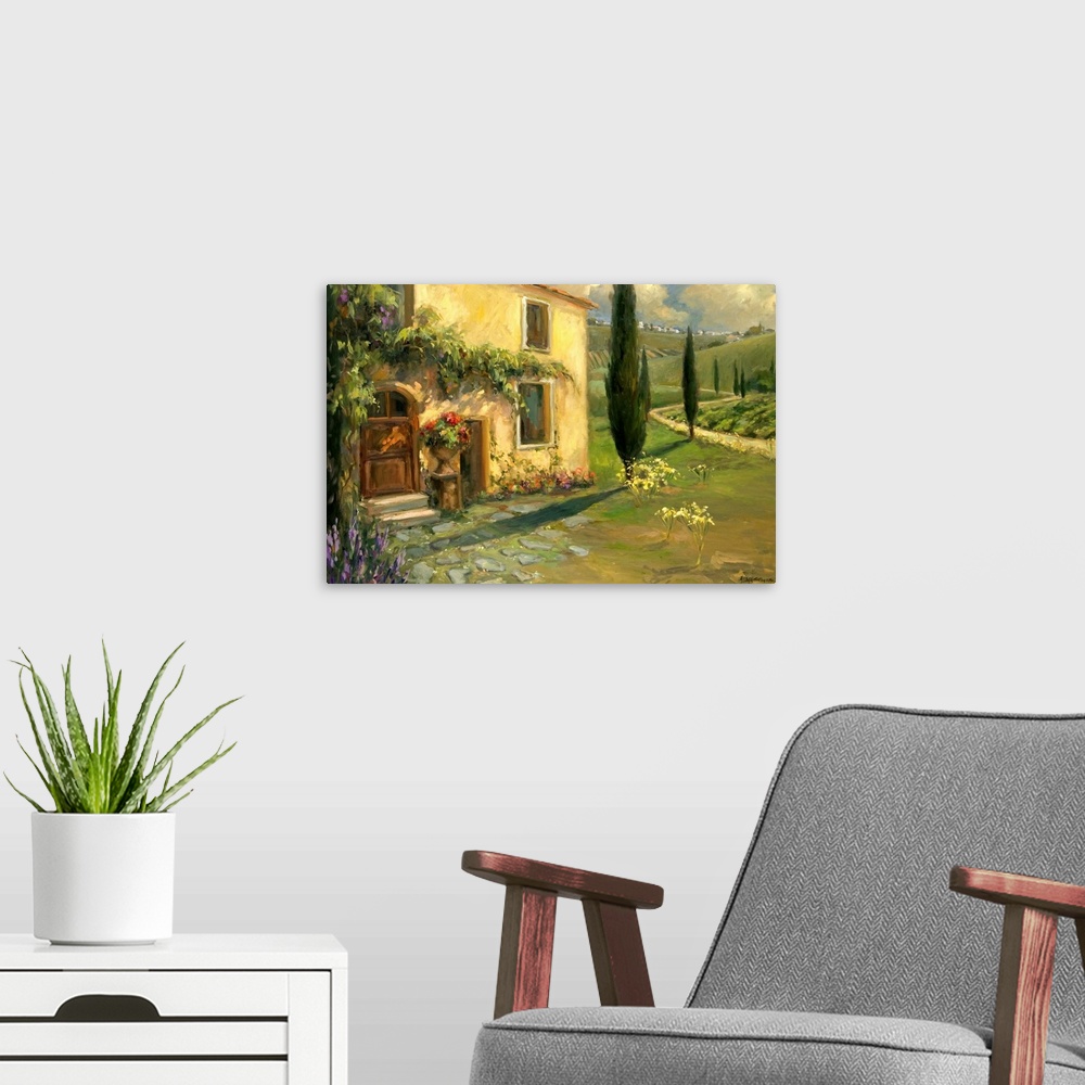 A modern room featuring Fine art oil painting landscape of a Tuscan farmhouse with lush green hills rising in the backgro...
