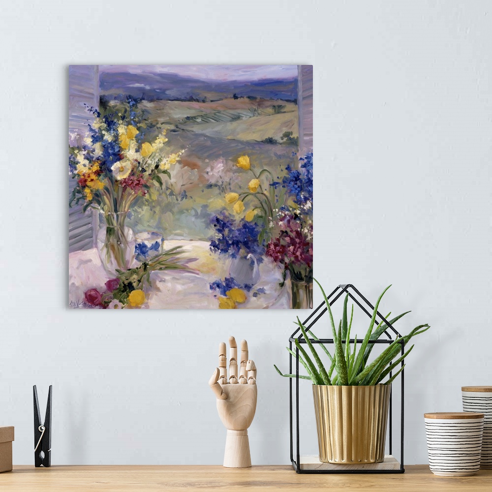 A bohemian room featuring Fine art oil painting still life of lavender, yellow and maroon flowers on a table overlooking th...