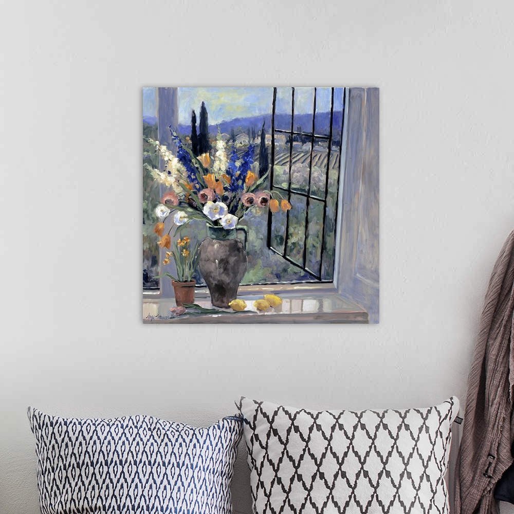 A bohemian room featuring Contemporary landscape painting of a flower filled vase sitting by an open window looking out ove...