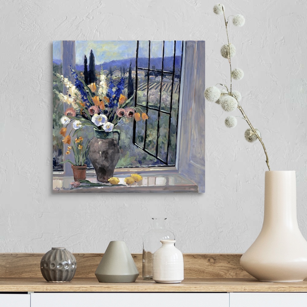 A farmhouse room featuring Contemporary landscape painting of a flower filled vase sitting by an open window looking out ove...