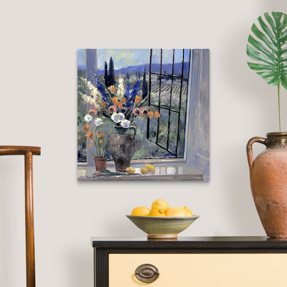 A traditional room featuring Contemporary landscape painting of a flower filled vase sitting by an open window looking out ove...