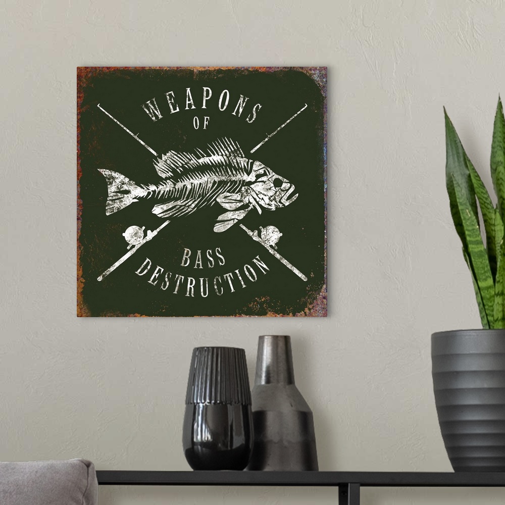 A modern room featuring Digital art painting of a poster titled Weapons of Bass by JJ Brando.