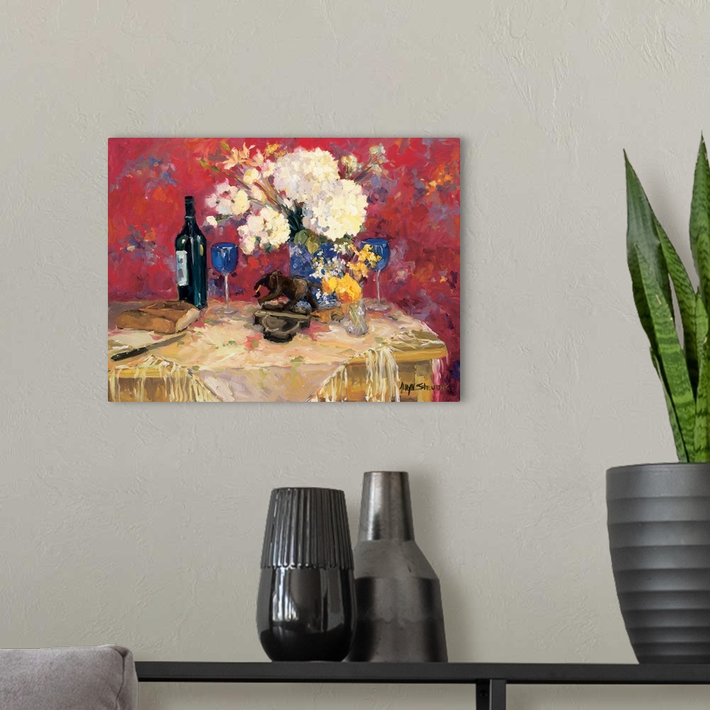 A modern room featuring Fine art oil painting still life of wine and bread on table with a vase of white hydrangeas by Al...