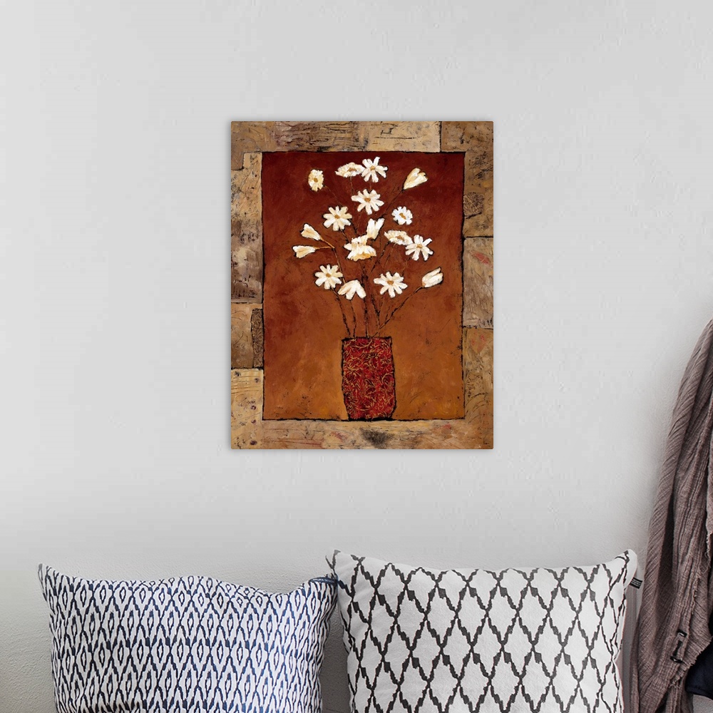 A bohemian room featuring Contemporary painting of a bouquet of white flowers over a earth toned background surrounded by a...