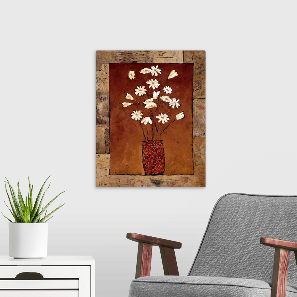 A modern room featuring Contemporary painting of a bouquet of white flowers over a earth toned background surrounded by a...