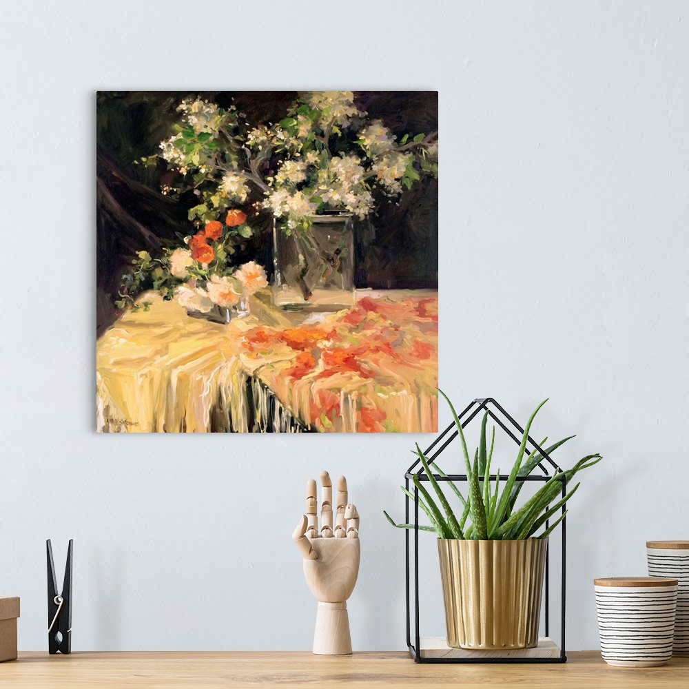 A bohemian room featuring Contemporary still life painting of a beautiful shawl covered table and a vase filled with flower...