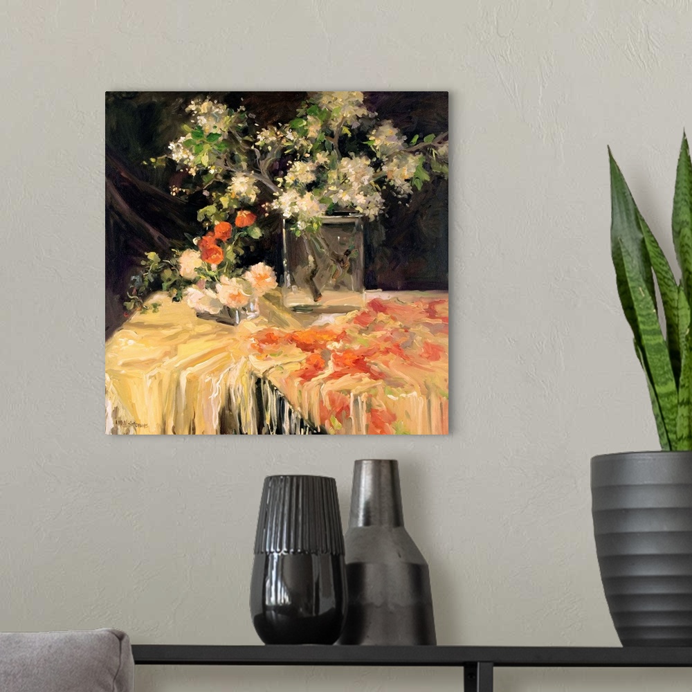 A modern room featuring Contemporary still life painting of a beautiful shawl covered table and a vase filled with flower...