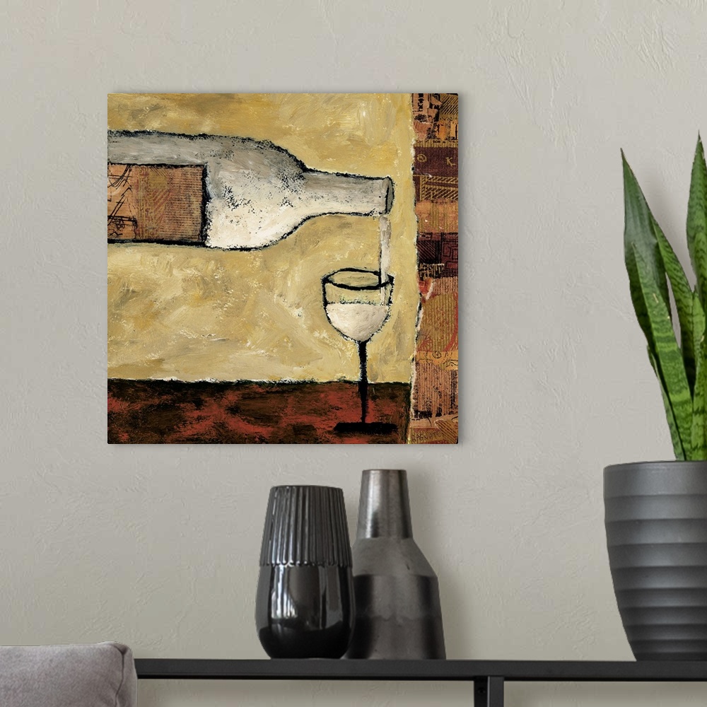 A modern room featuring Contemporary painting of a glass of white wine being poured.