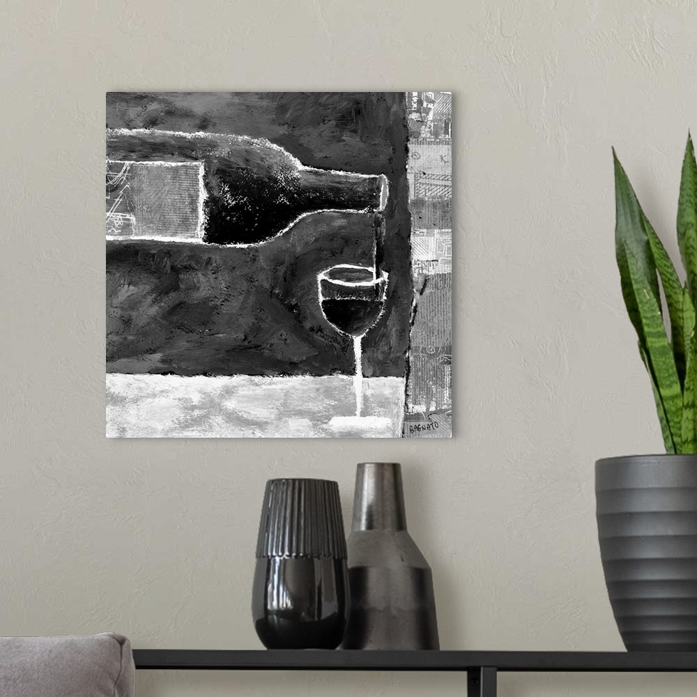 A modern room featuring Contemporary painting of a glass of white wine being poured.