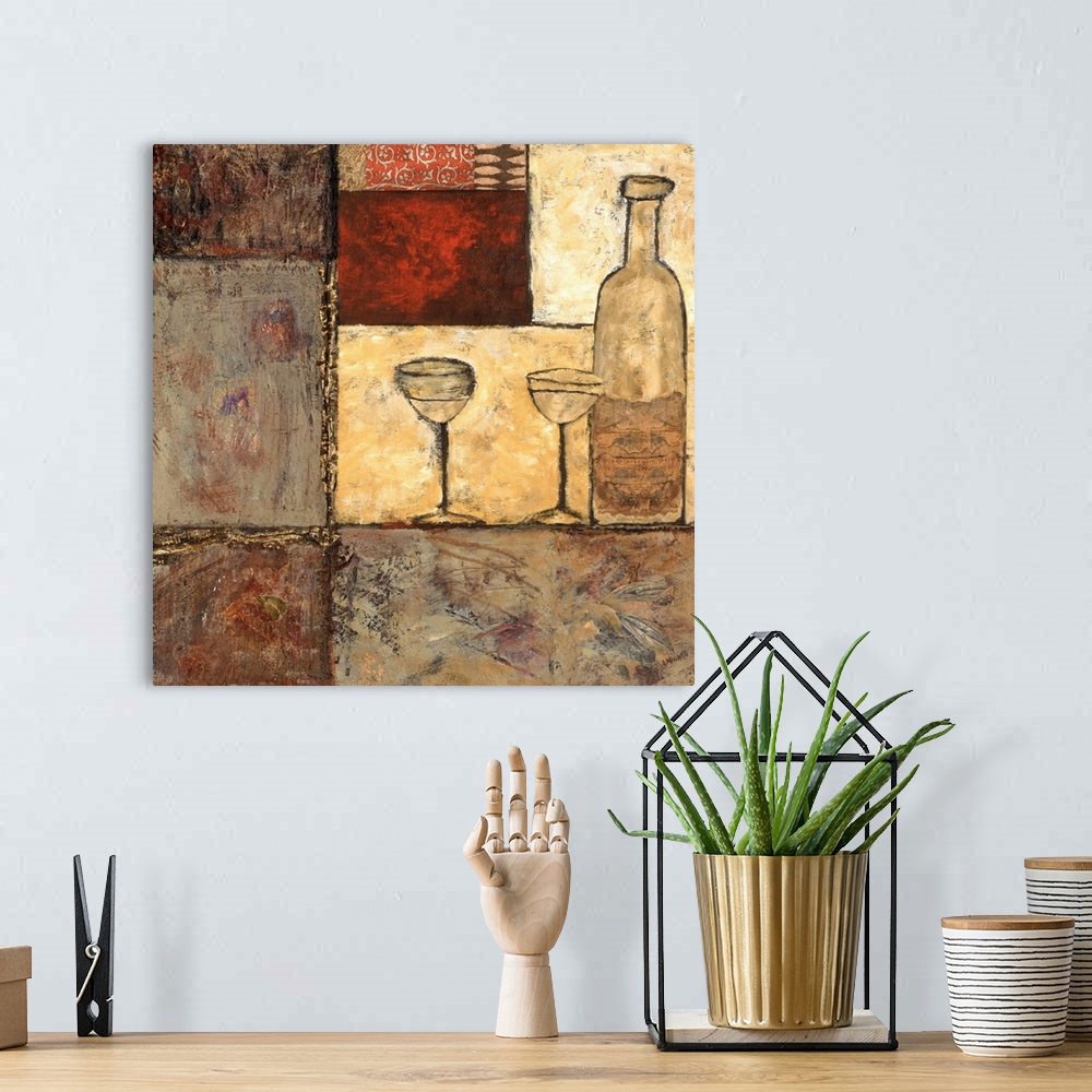 A bohemian room featuring Contemporary textured painting of a bottle of white wine with two glasses over various polygons.