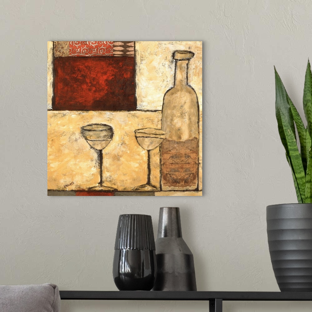 A modern room featuring Contemporary textured painting of a bottle of white wine with two glasses over various polygons.
