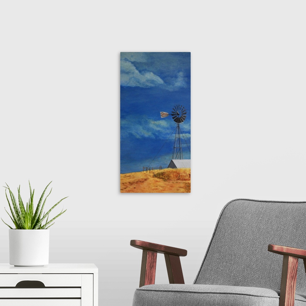 A modern room featuring Painting of a windmill on a farm against a blue sky.