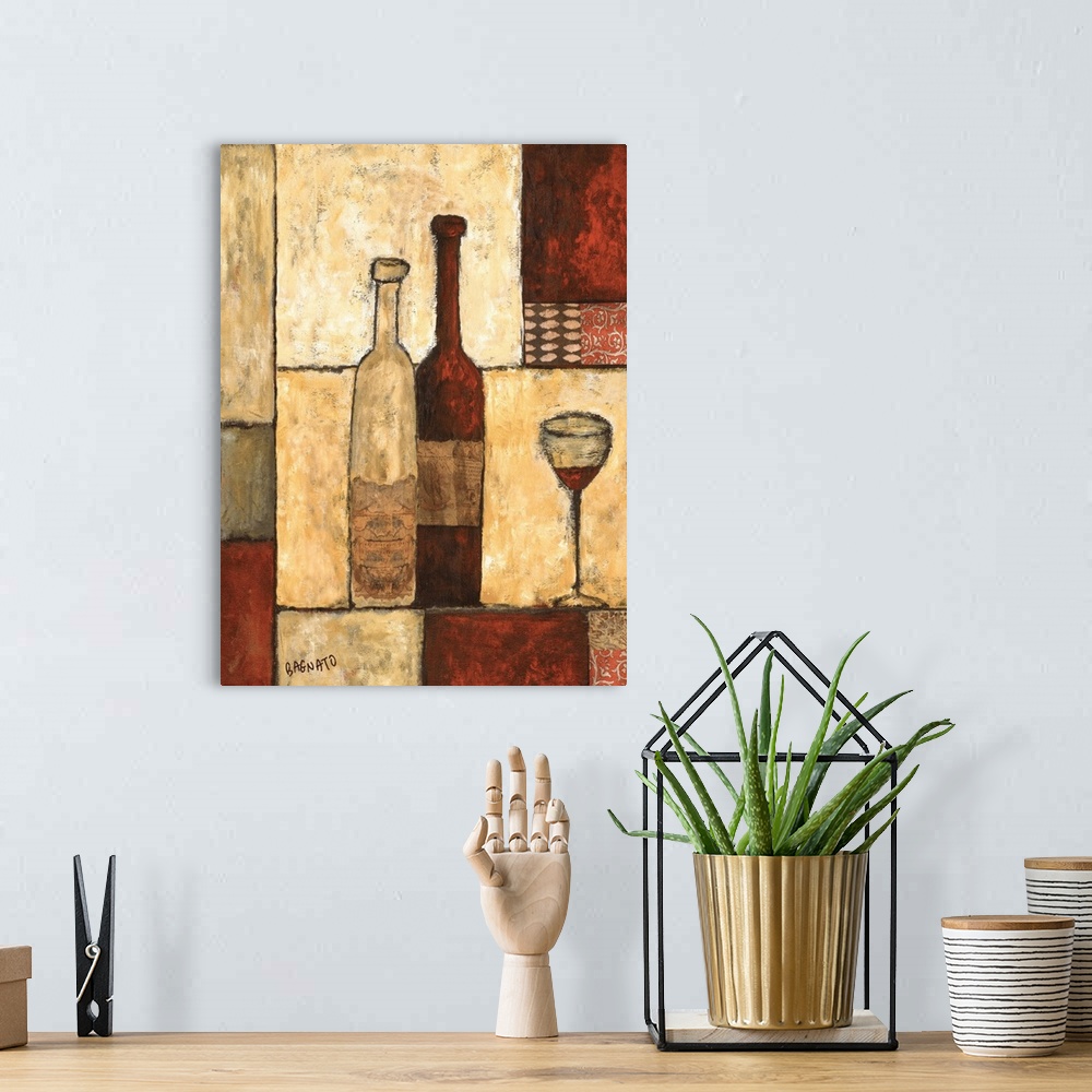 A bohemian room featuring Contemporary painting of two bottles of wine with a geometric block pattern background.
