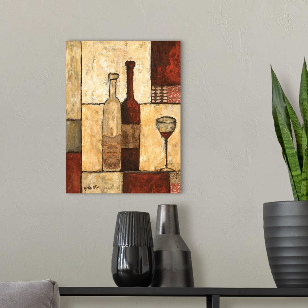 A modern room featuring Contemporary painting of two bottles of wine with a geometric block pattern background.