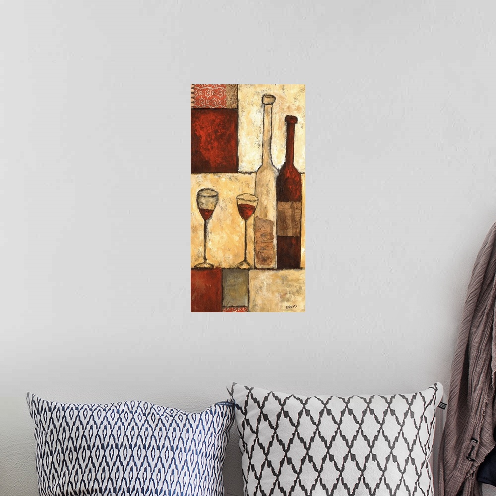 A bohemian room featuring Contemporary painting of two bottles of wine with a geometric block pattern background.