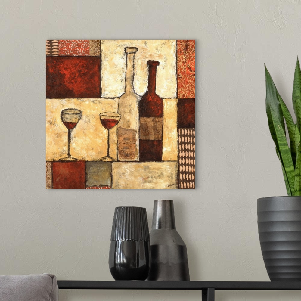 A modern room featuring Contemporary artwork of two bottles of wine with a geometric block pattern background.