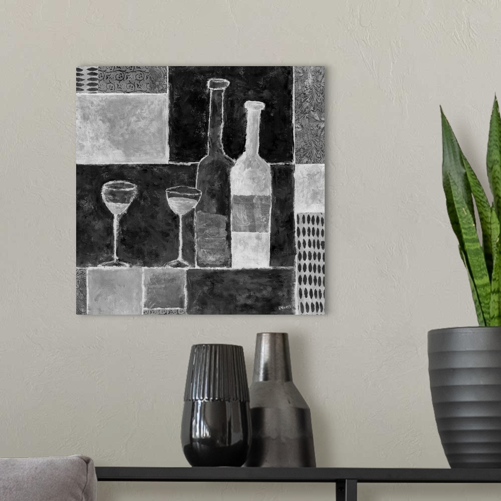 A modern room featuring Contemporary artwork of two bottles of wine with a geometric block pattern background.
