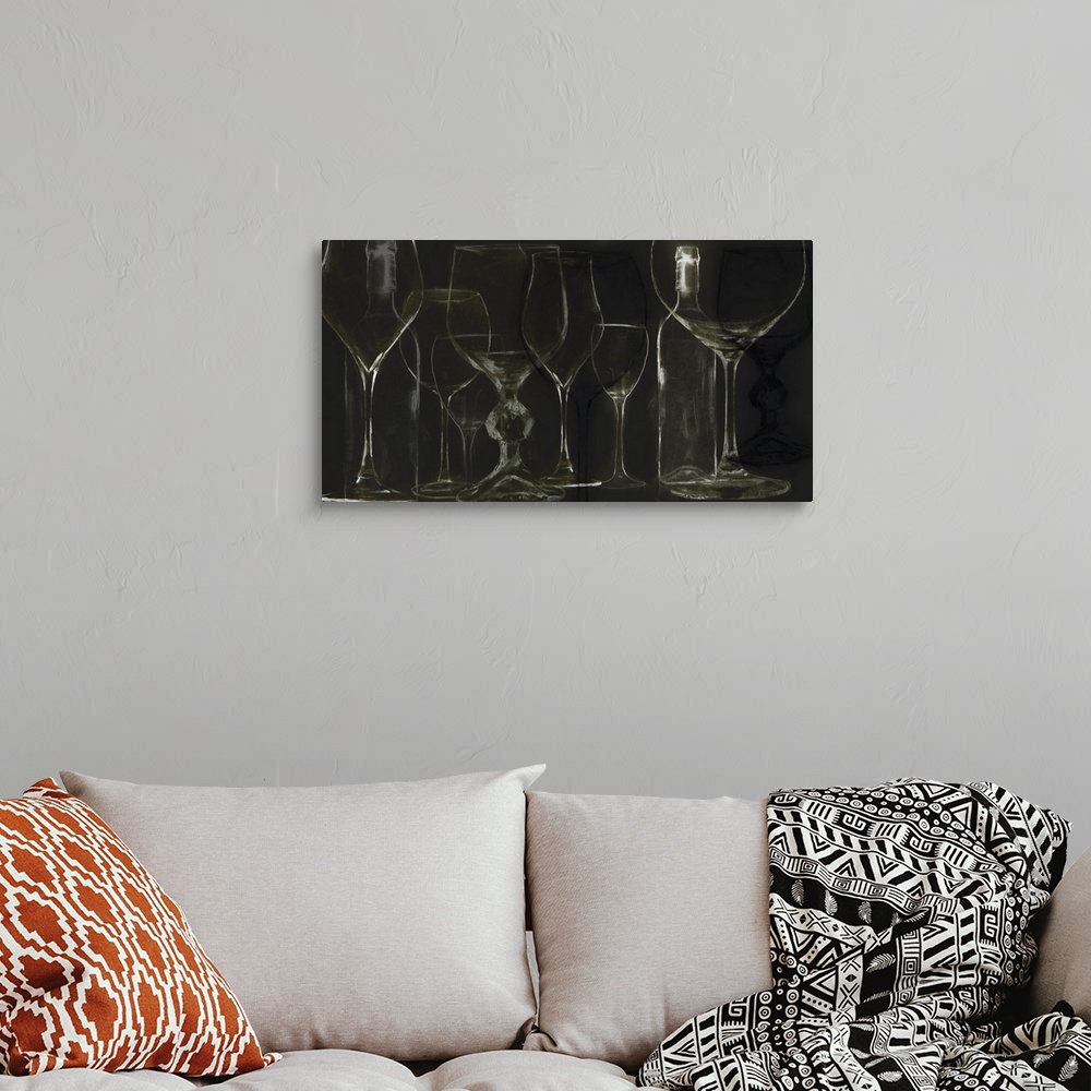 A bohemian room featuring Contemporary artwork of a chalkboard sketch-like rendering of wine glasses.