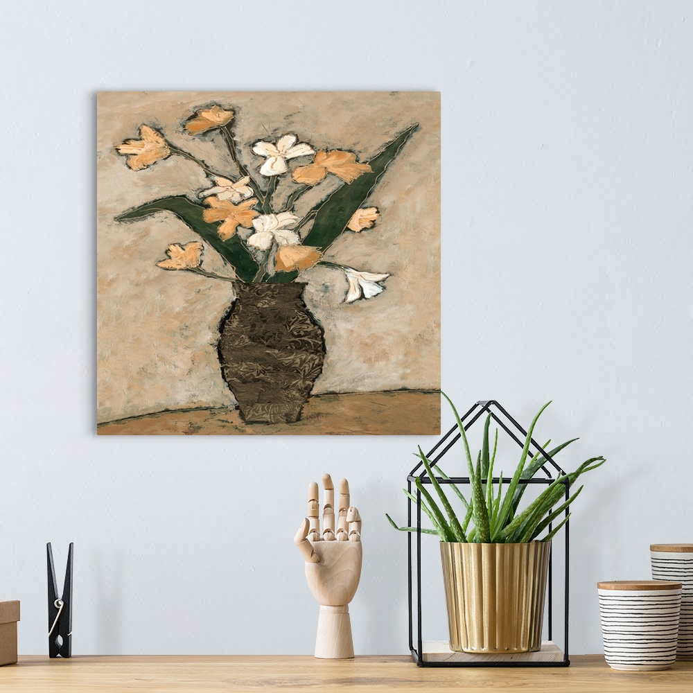 A bohemian room featuring Contemporary artwork of a bouquet of white and yellow blooming flowers.