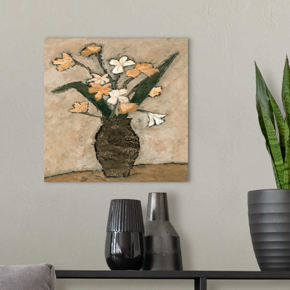 A modern room featuring Contemporary artwork of a bouquet of white and yellow blooming flowers.