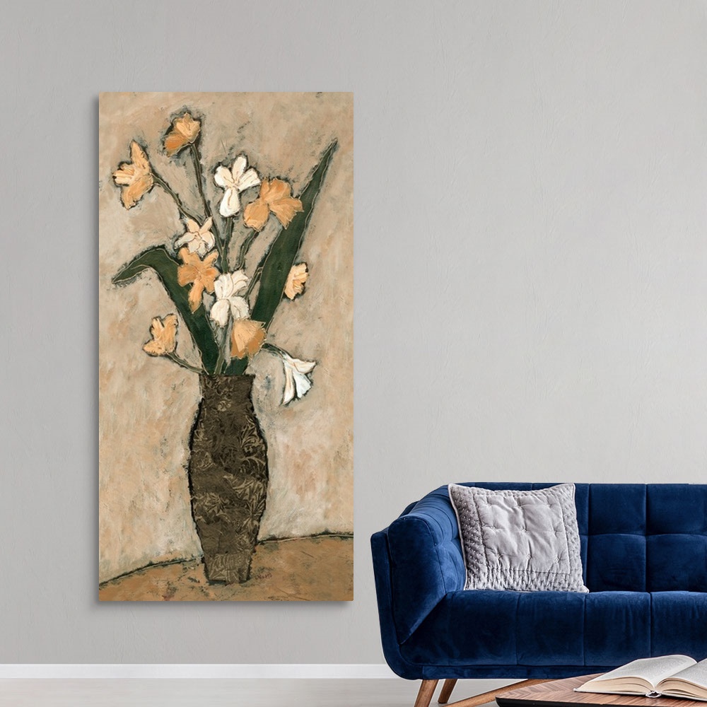 A modern room featuring Contemporary artwork of a bouquet of white and yellow blooming flowers.