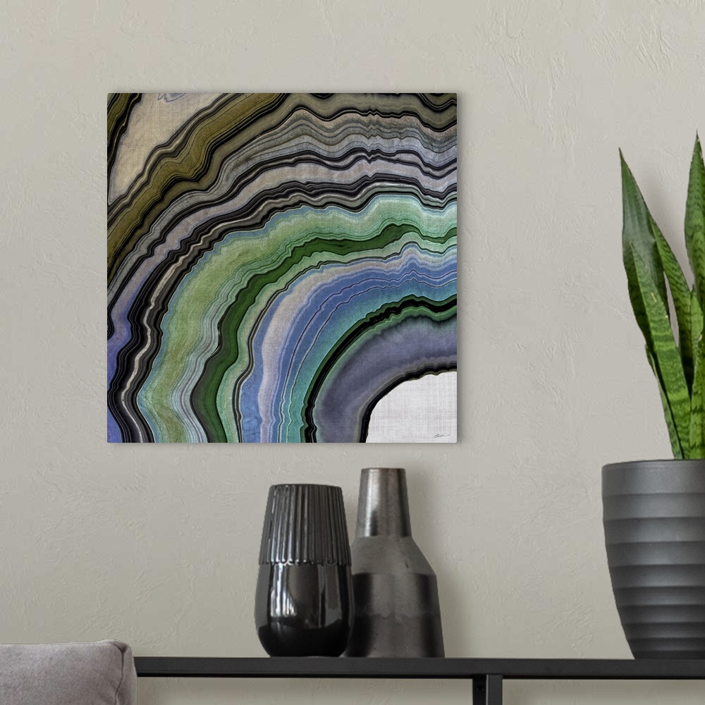 A modern room featuring A natural geode watercolor in shades of earth and stone.