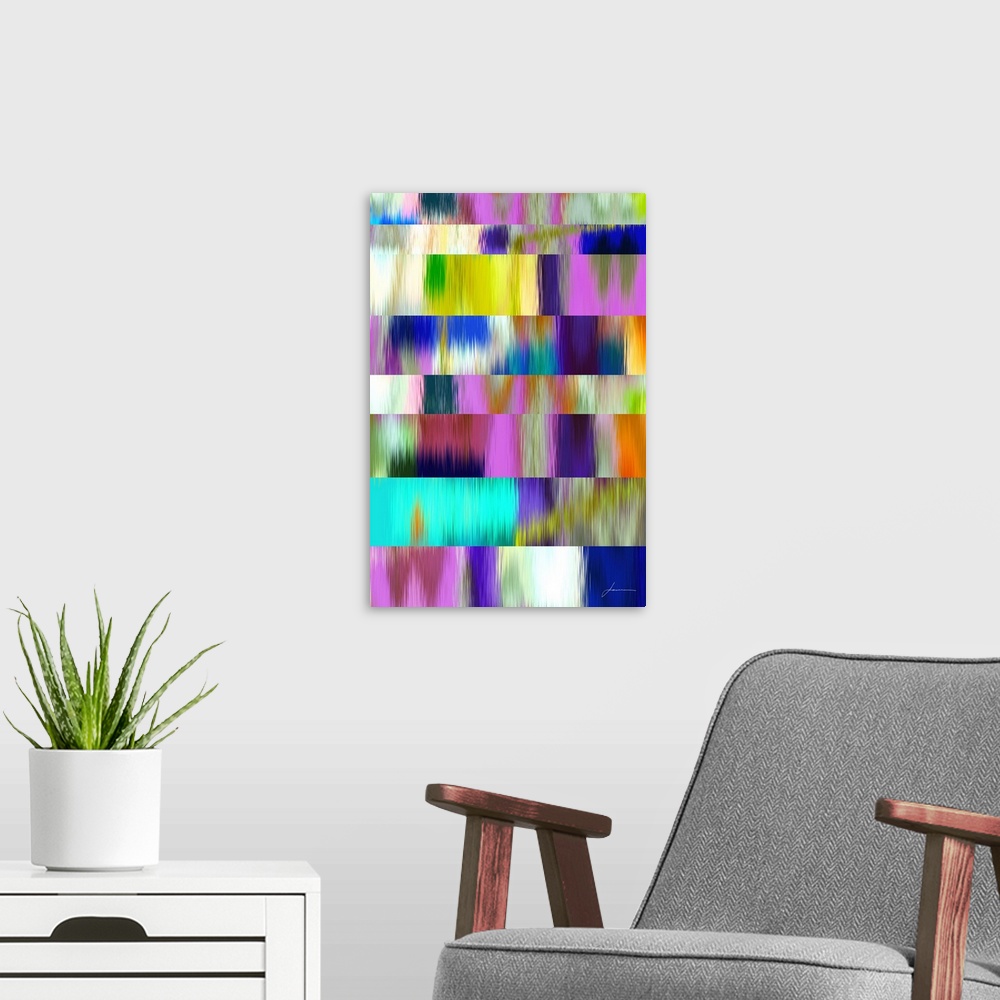 A modern room featuring Cascading bands. An electric waterfall of color.