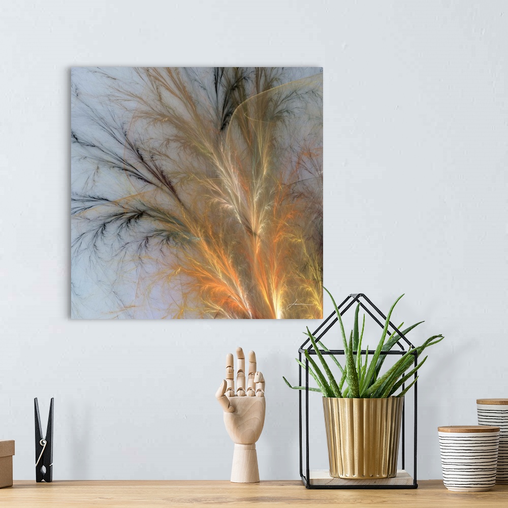 A bohemian room featuring Warm fronds of grass arc elegantly across the canvas.