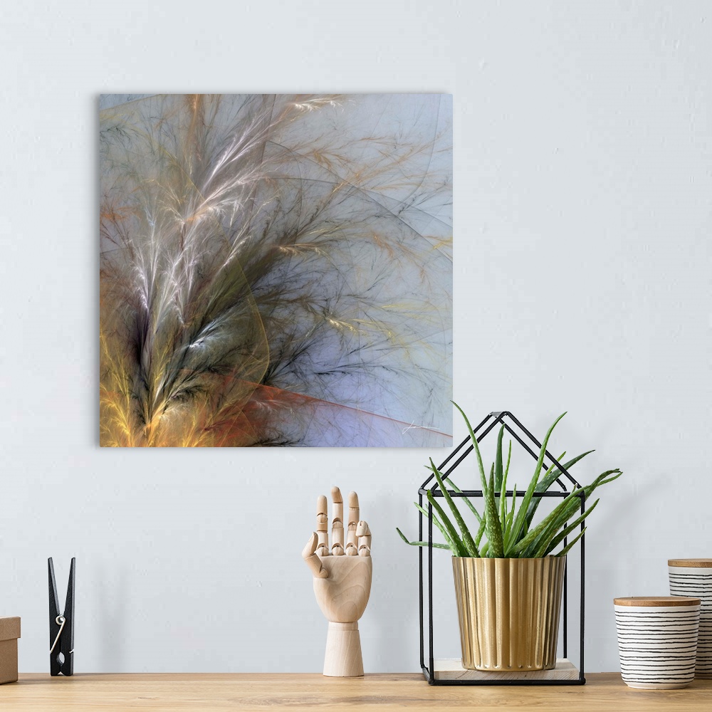 A bohemian room featuring Warm fronds of grass arc elegantly across the canvas.