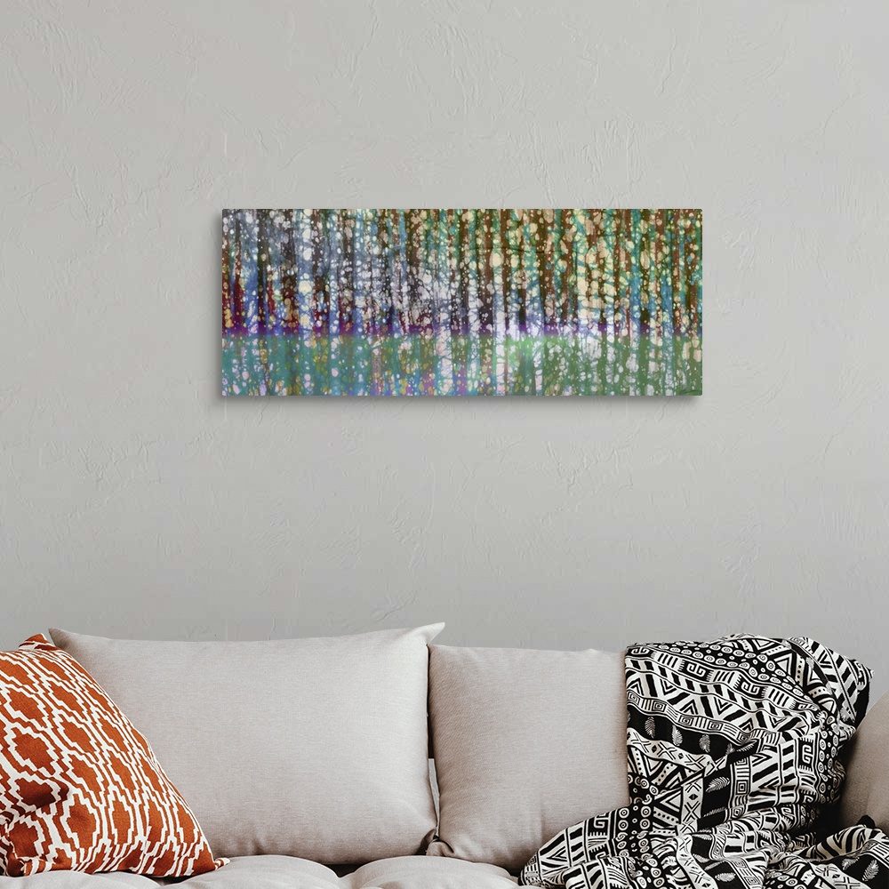 A bohemian room featuring An abstract birch tree meadow in fresh spring colors.